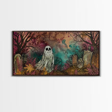 Carregar imagem no visualizador da galeria, Cute Ghost In The Cemetery, Framed Canvas Print, Halloween Wall Decor, Halloween Trinkets