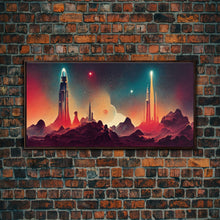 Carregar imagem no visualizador da galeria, Art deco style space canvas print, space ship art, space art, outrun style, sci-fi themed art print, science fiction, space exploration