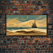 Load image into Gallery viewer, Art deco canvas print, pirate ship at sea beyond the sand dunes, living room wall art