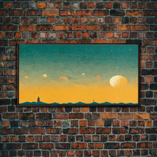 Load image into Gallery viewer, Art deco light house at sunset canvas print, sunset, vintage 20s style wall art, 30s style wall art, orange and turquoise sunset art