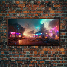 Load image into Gallery viewer, Destitute cyberpunk city with neon signs wall art, Bladerunner vibes art, synthwave style art, cool wall art