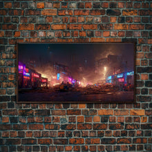Load image into Gallery viewer, Destitute cyberpunk city with neon signs wall art, Bladerunner vibes art, synthwave style art, cool wall art