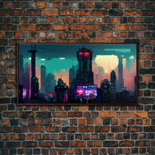 Load image into Gallery viewer, cyberpunk city pixel art canvas print, wall art, Bladerunner vibes art, synthwave style art, cool wall art
