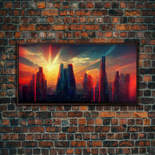 Load image into Gallery viewer, Cyberpunk canvas print, cyber punk city at sunset, Bladerunner vibes art, synthwave style art, cool wall art, night city