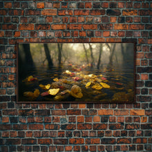 Carregar imagem no visualizador da galeria, Fall leaves floating down the river, autumn, landscape and nature canvas print, oil painting style, neutral wall art