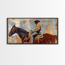 Load image into Gallery viewer, Cowboy on Horseback, Textured Background, Modern Living Room Art, Framed Canvas Print, Rustic Home Decoration, Boho Wall Art