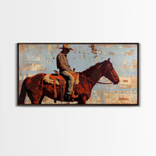 Load image into Gallery viewer, Cowboy on Horse with Rustic Background, Stunning Wall Art, Framed Canvas Print, Boho Bedroom Decor, Western Home Decoration