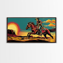 Load image into Gallery viewer, Cowboy Riding Through Desert, Southwestern Landscape Art, Framed Canvas Print, Boho Decor, Desert Art, Rustic Wall Art