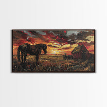 Load image into Gallery viewer, Dark Horse at Sunset with Barn, Stunning Abstract Art, Framed Canvas Print, Boho Wall Art, Bedroom Decor, Unique Home Decoration