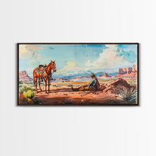 Load image into Gallery viewer, Cowboy Resting with Horse in Desert Landscape, Classic Western Art, Framed Canvas Print, Rustic Wall Decor, Living Room Decoration