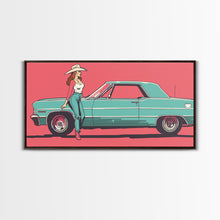 Load image into Gallery viewer, Cowgirl Leaning Against Classic Car in Pop Art Style, Vibrant Framed Canvas Print for Bedroom, Perfect Living Room Wall Art