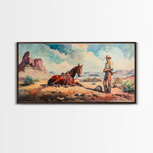 Load image into Gallery viewer, Cowboy and Horse in Desert Landscape, Rustic Farmhouse Art, Framed Canvas Print, Western Decor, Living Room Wall Art, Country Style