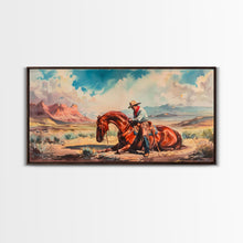 Load image into Gallery viewer, Cowboy Comforting Horse in Open Plains, Farmhouse Western Decor, Framed Canvas Print, Country Living Art, Rustic Wall Art for Home