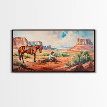 Load image into Gallery viewer, Cowboy Resting by Horse in Desert Scene, Rustic Farmhouse Art, Framed Canvas Print, Western Decor, Living Room Wall Art, Country Style
