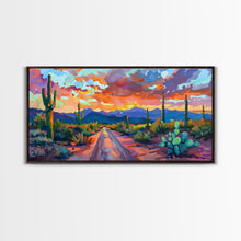 Carregar imagem no visualizador da galeria, Cacti and Mountains Under Sunset Sky, Vibrant Southwestern Landscape Art, Framed Canvas Print, Boho Living Room Decor, Desert Scene