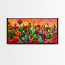 Load image into Gallery viewer, Bright Desert Flowers and Cacti with Mountains, Vibrant Framed Canvas Print for Home, Boho Wall Art, Nature Lover's Decor