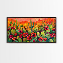 Cargar imagen en el visor de la galería, Colorful cactus garden in desert sunset, Framed Canvas Print, perfect for farmhouse living room, bohemian wall art