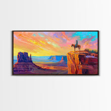 Load image into Gallery viewer, Cowboy with Horse on Cliff Edge, Farmhouse Style Framed Canvas Print for Living Room Wall Art, Vibrant Home Decor, Western Scenic Art