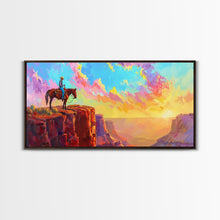 Load image into Gallery viewer, Cowboy on Horse Under Vibrant Sky, Farmhouse Style Framed Canvas Print for Bedroom Wall Art, Rustic Home Decor, Western Scenic Art