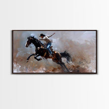 Carregar imagem no visualizador da galeria, Action-Packed Rodeo Scene with Bucking Horse, Beautiful Framed Canvas Print, Western Living Room Art, Rustic Bedroom Decor, Wall Art