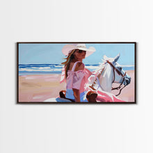 Load image into Gallery viewer, Elegant Cowgirl on Horse by the Shore, Beautiful Framed Canvas Print, Ideal for Coastal Living Room Art, Beach Bedroom Decor, Horse Wall Art