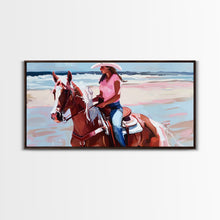 Load image into Gallery viewer, Cowgirl on Horse at the Beach, Stunning Framed Canvas Print, Ideal for Coastal Living Room Art, Beach Bedroom Decor, Equestrian Wall Art