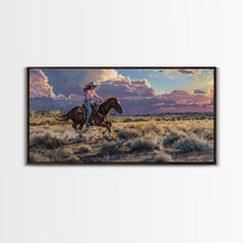 Load image into Gallery viewer, Cowgirl Galloping Across Desert Landscape, Vibrant Framed Canvas Print, Perfect for Living Room Art, Western Bedroom Decor, Desert Wall Art
