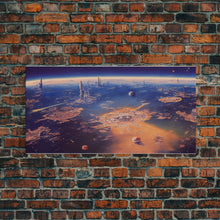 Load image into Gallery viewer, Bird's eye view of a futuristic city-planet, cool scifi art, framed canvas print, ready to hang framed wall art