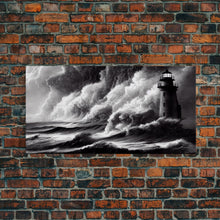Load image into Gallery viewer, Lighthouse in a storm, black and white, tsunami waves, framed canvas print, ready to hang framed wall art
