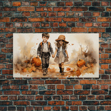 Load image into Gallery viewer, Boy And Girl Holding Hands, Fall Wall Decor, Canvas Print, Wall Hanging, Panoramic Art, Kids Wall Art, Nursery Wall Art, Gifts For Grandma