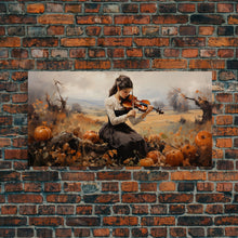 Carregar imagem no visualizador da galeria, Girl Violinist, Fall Wall Decor, Pumpkin Decor, Canvas Print, Wall Hanging, Panoramic Art, Country Home Decor, Violin Wall Art, Gift For Her