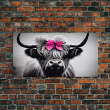 Cargar imagen en el visor de la galería, Cute Highland Cow wearing a Bow, Pink Bow on a Cute Cow, framed canvas print, black and white farmhouse cow art