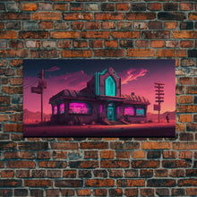 Load image into Gallery viewer, Art Deco Cyberpunk Diner, Wild West Mashup Art, Framed Canvas Print, Neon Art, Wild West Concept Art