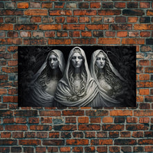 Load image into Gallery viewer, The Norns, Norse Mythology, Weavers of Fate, Framed Canvas Print, Urðr, Verðandi, and Skuld, Black and White Norse Fantasy Art