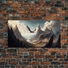 Load image into Gallery viewer, Dragons in Flight Over a Valley, Fantasy Art, Framed Canvas Print, Medieval Fantasy Art, Fire breathing dragons