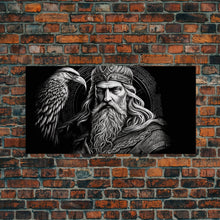 Load image into Gallery viewer, Black and White Portrait of Odin and Muninn, King of The Gods, Framed Canvas Print, Odin's Ravens, Norse Mythology Art
