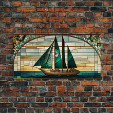 Load image into Gallery viewer, Emerald Green and Gold Art Deco Sail Boat, Framed Canvas Print, Retro MCM Style Wall Art, Midcentury Modern, Stained Glass, Huge Art