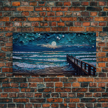 Carregar imagem no visualizador da galeria, Full Moon Over Beach & Ocean Waves - Framed Canvas Print - Lighthouse and Beach Art - Lakehouse Art - Beach House - Living Room Decor