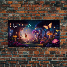 Load image into Gallery viewer, Vibrant Fantasy Forest Wall Art, The Forest Floor, Bioluminescent Glowing Butterflies, Gift, Framed Canvas Print