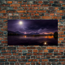 Carregar imagem no visualizador da galeria, Full moon canvas print, Lightning storm over a mountain lake at night, cool wall art, awesome wall art