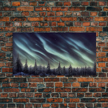 Load image into Gallery viewer, Aurora borealis over a snowy northern forest, canvas print, scenic winter landscape art, northern lights