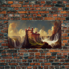 Cargar imagen en el visor de la galería, Fantasy wall art, canvas print, castle in the sky, castle atop mountains and waterfalls, watercolor