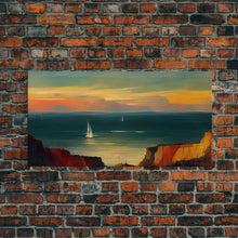 Carregar imagem no visualizador da galeria, Canvas print of sail boats on the ocean, sailing at sunset, cool lakehouse art, living room wall art, sailboats, watercolor