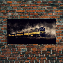 Load image into Gallery viewer, Black Yellow Locomotive Wall Decor, Railroad Wall Decor, Railway Wall Art, Panoramic Wall Decor, Canvas Print, Wall Art, Framed Canvas Art