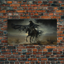 Load image into Gallery viewer, Ghost Cowboy Art, Framed Canvas Print, Halloween art, spooky decor, cowboy art, western decor, grim reaper on a horse in the desert