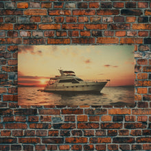 Load image into Gallery viewer, An Abandoned Yacht at Sunset - Framed Canvas Print - Nautical Decor - Vaporwave Art - Liminal Spaces - Urban Decay - Eclectic Wall Art