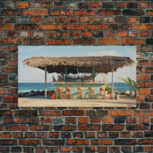 Load image into Gallery viewer, Beachside Tiki Hut Bar and Grill, Framed Canvas Print, Liminal Art, Framed Wall Decor Beach Photography, Surf Art, Surf Print Nautical Decor