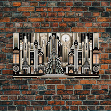 Load image into Gallery viewer, Art Deco Pattern Christmas Village - Framed Canvas Print - Retro Xmas Art - Christmas Decor - Christmas Wall Art - Christmas Art