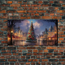 Cargar imagen en el visor de la galería, Christmas Decor Handmade, Framed Canvas Print, Beautiful Winter Wonderland Christmas Village, Christmas Tree Art