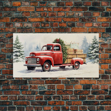 Cargar imagen en el visor de la galería, Christmas Tree Delivery - Retro Farmhouse Christmas Decor - Old Red Truck Delivering Christmas Trees - Framed Canvas Print - Holiday Decor
